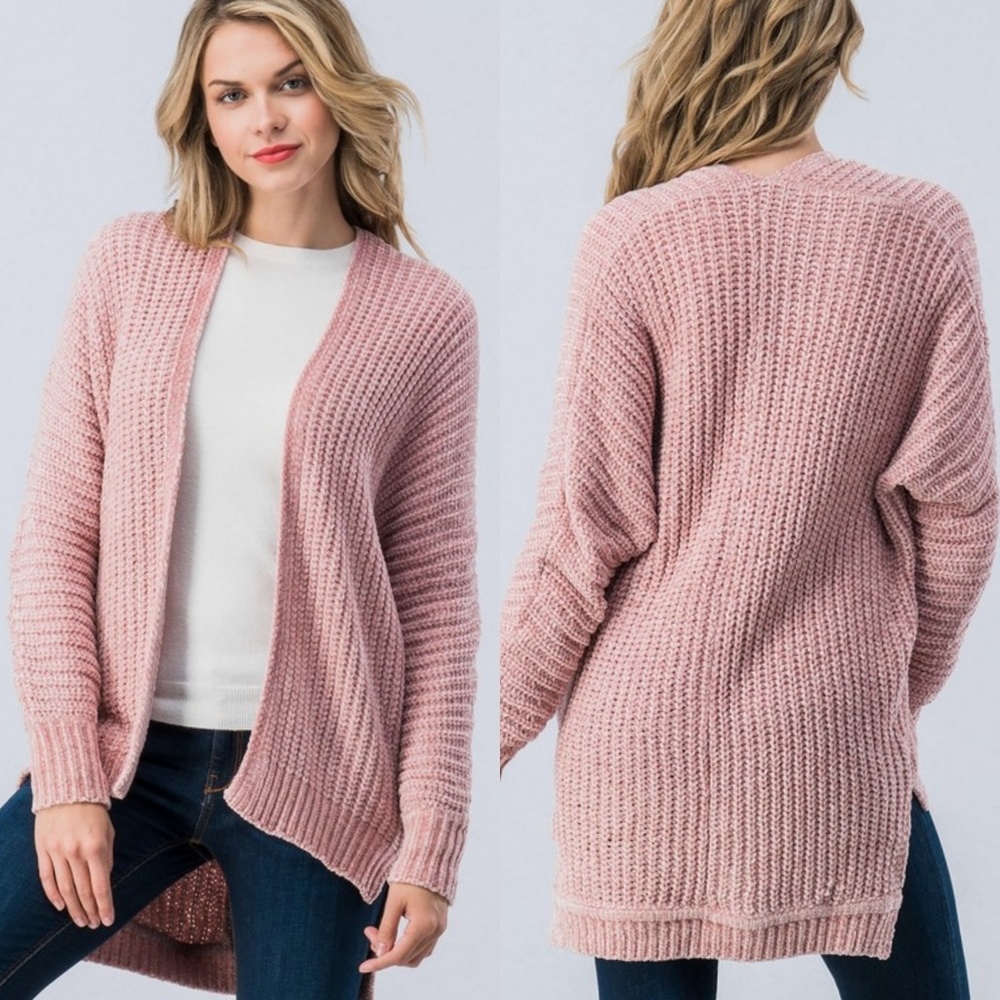 3 LEFT! Mauve chenille knit high-low cardigan - Picture 3 of 6